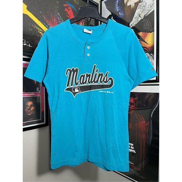 Vintage 90s MLB Florida Marlins Henley Tee - Picture 1 of 5